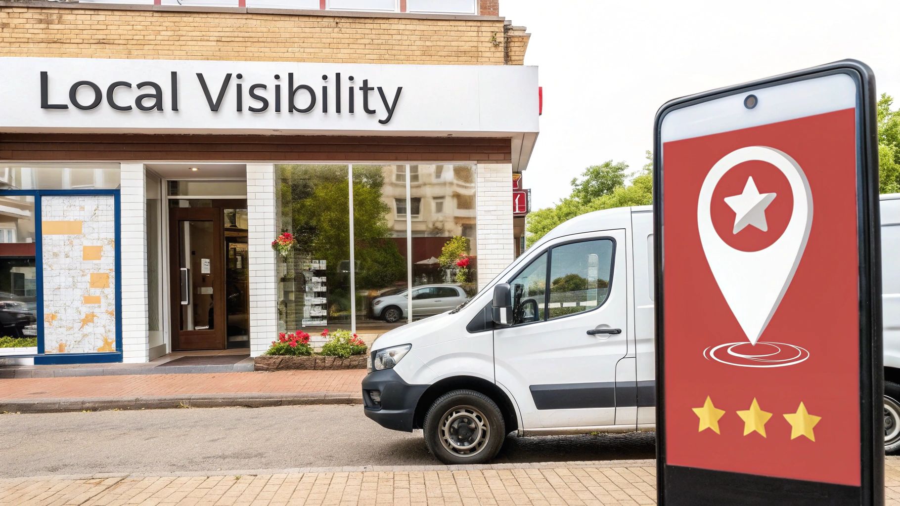 A storefront for 'Local Visibility' with a delivery van and a smartphone showing a local business rating.