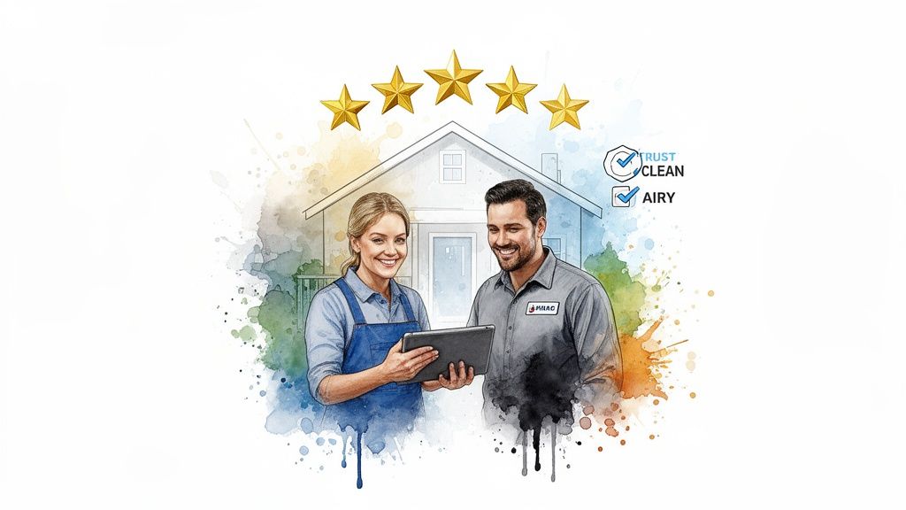 Smiling HVAC professionals, a man and a woman, stand in front of a house, displaying five-star service.