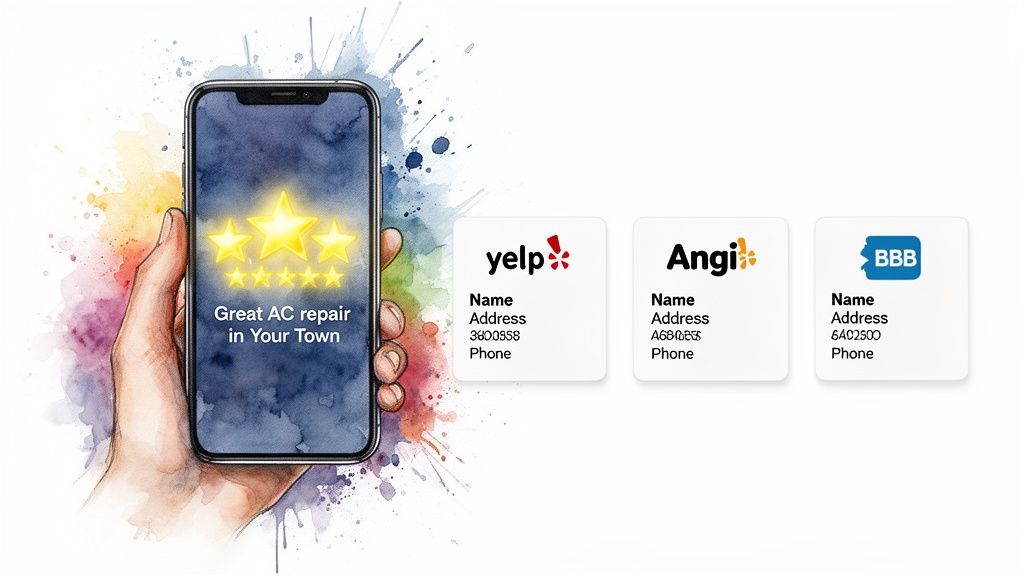 Smartphone showing a 5-star AC repair review, with business listings on Yelp, Angi, and BBB.