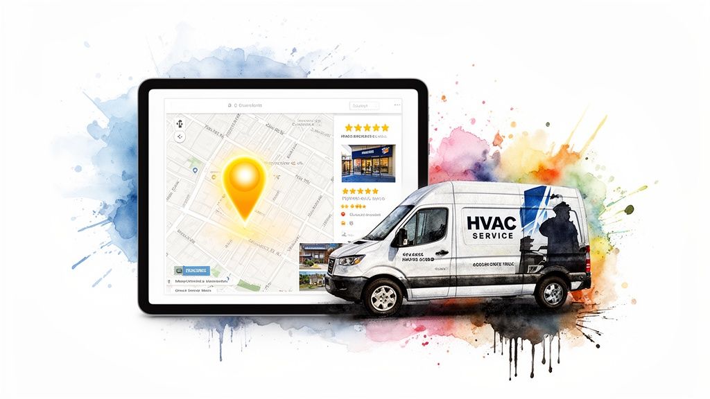 White HVAC service van with a tablet displaying a map, location pin, and business info.