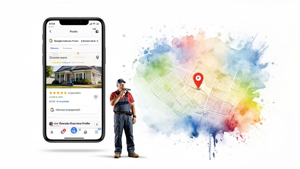 HVAC technician with a phone app showing local business details, customer reviews, and a colorful map location.