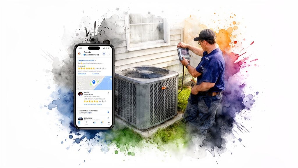 HVAC technician inspects an AC unit, alongside a mobile phone showing a Google Business Profile.