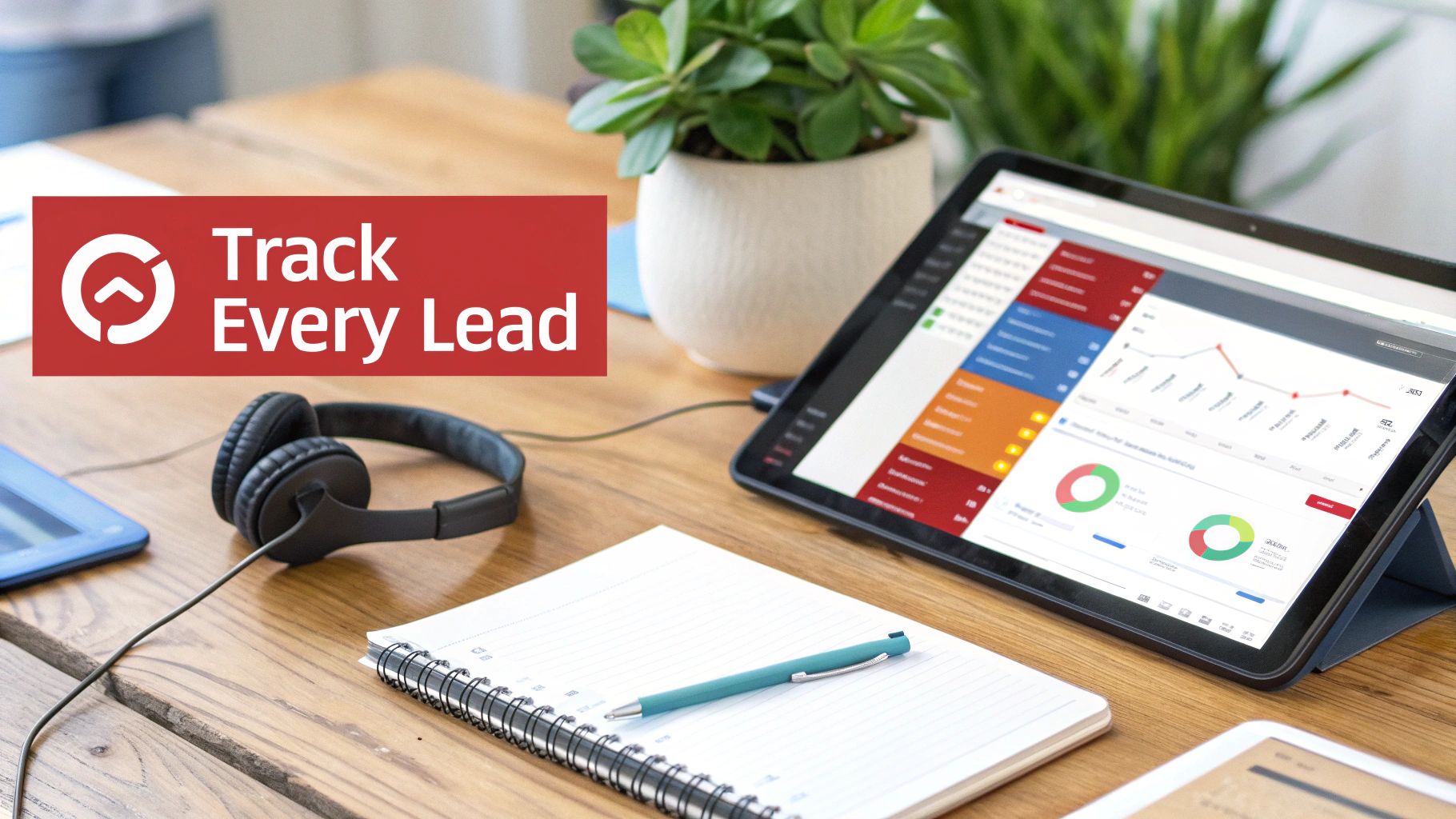 A desk with a tablet displaying lead tracking software, headphones, a notebook, and a pen.