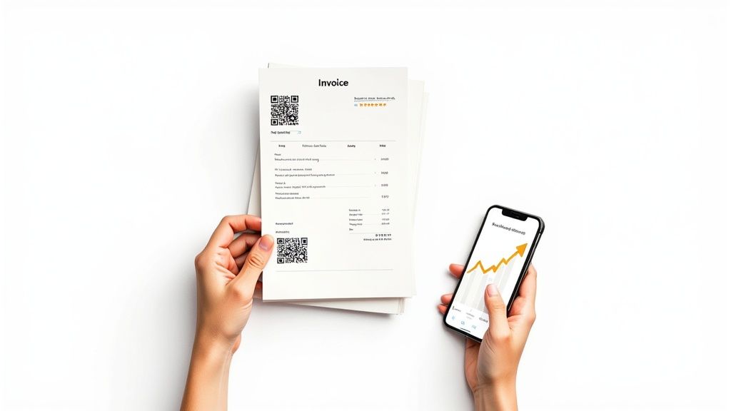 Hands holding an invoice with QR codes and a smartphone displaying a financial growth graph.