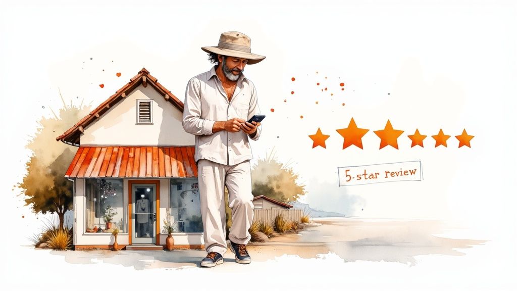 Watercolor illustration of a man reviewing a local shop on his phone with five stars.