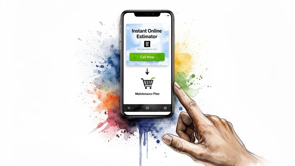 Smartphone displaying an online estimator app with 'Call Now' and 'Maintenance Plan' options, a hand pointing.