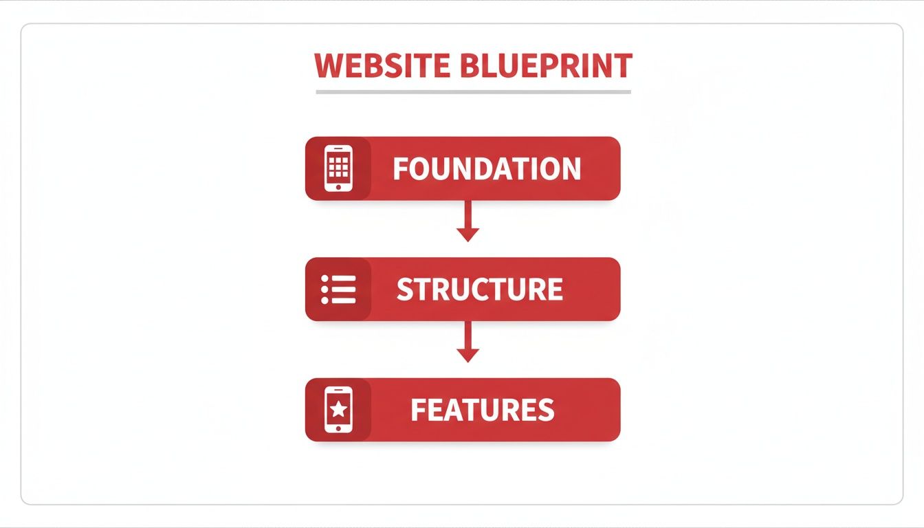 A website blueprint diagram illustrating the three key stages: Foundation, Structure, and Features, with relevant icons.