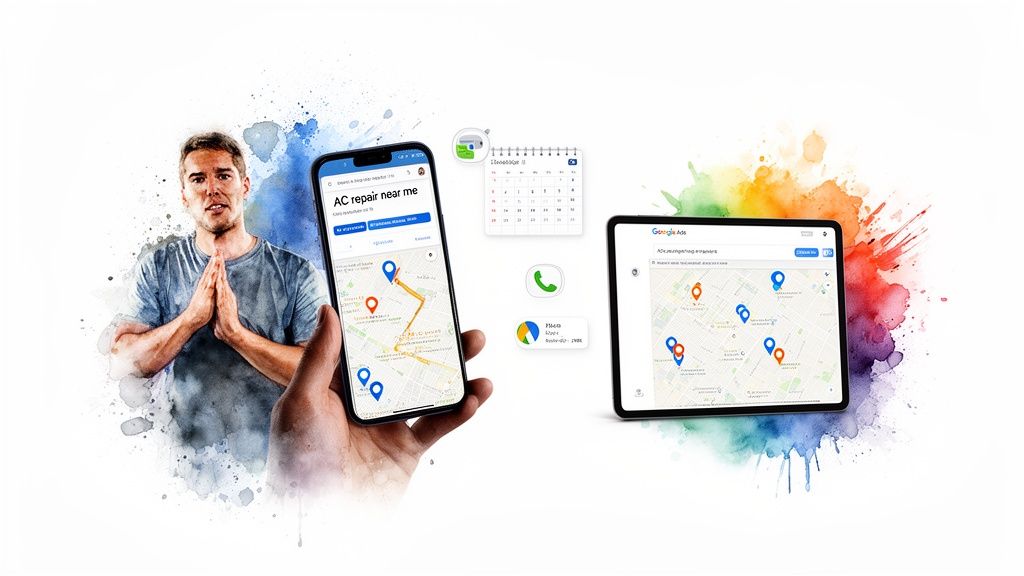 HVAC lead generation: Man with phone searching 'AC repair near me' and tablet showing Google Ads.