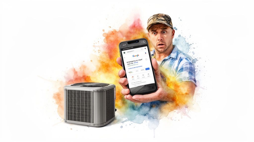Worried man searching 'emergency ac repair' on his phone next to an AC unit, surrounded by a colorful splash.