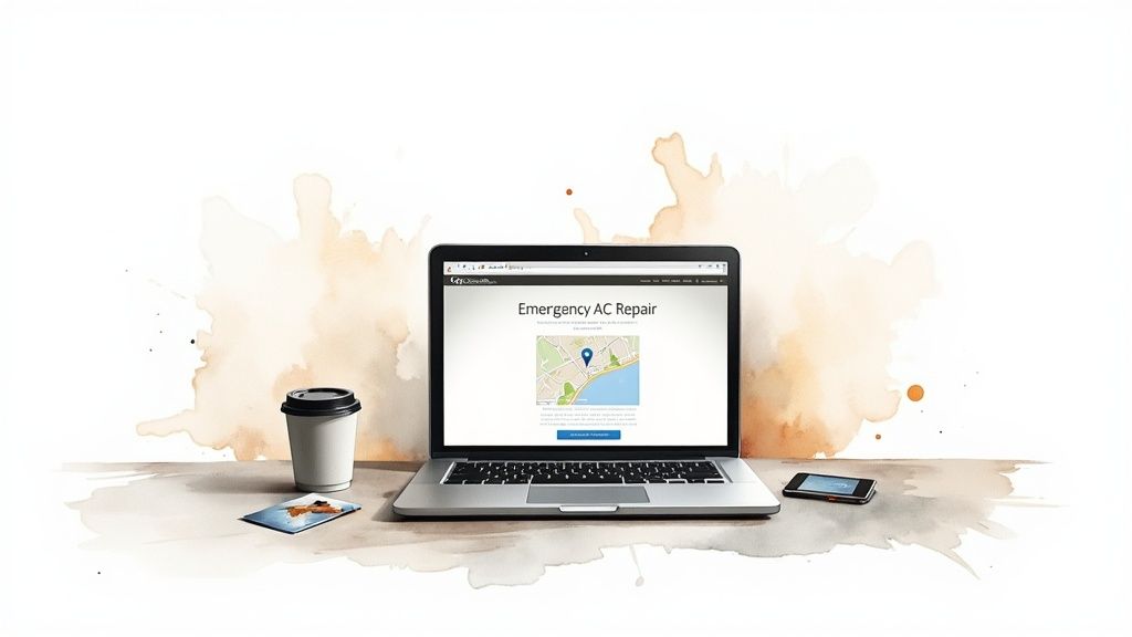 A laptop displaying an "Emergency AC Repair" website with a map, next to a coffee cup and phone.