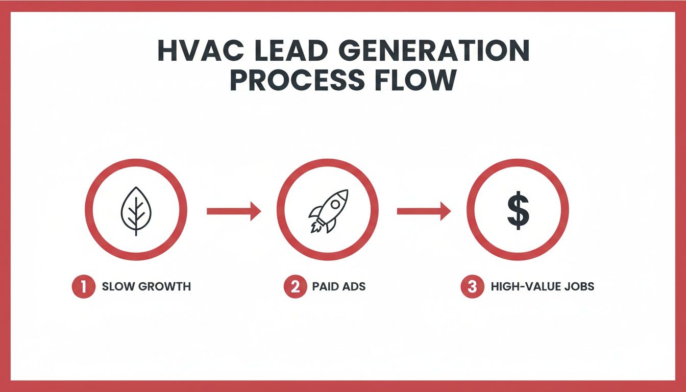 A diagram illustrating the HVAC lead generation process flow, from slow growth to paid ads leading to high-value jobs.