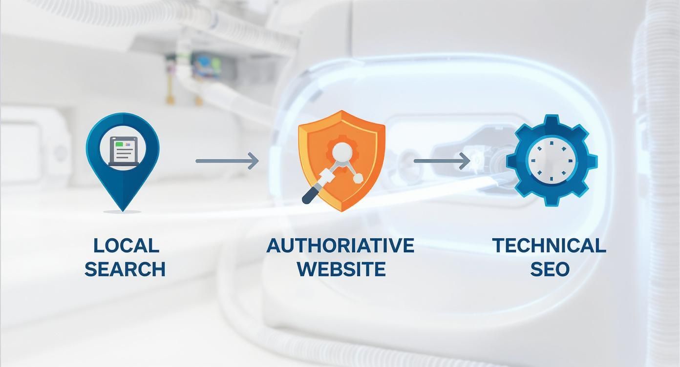 SEO strategy diagram showing local search, authoritative website, and technical SEO components for HVAC businesses