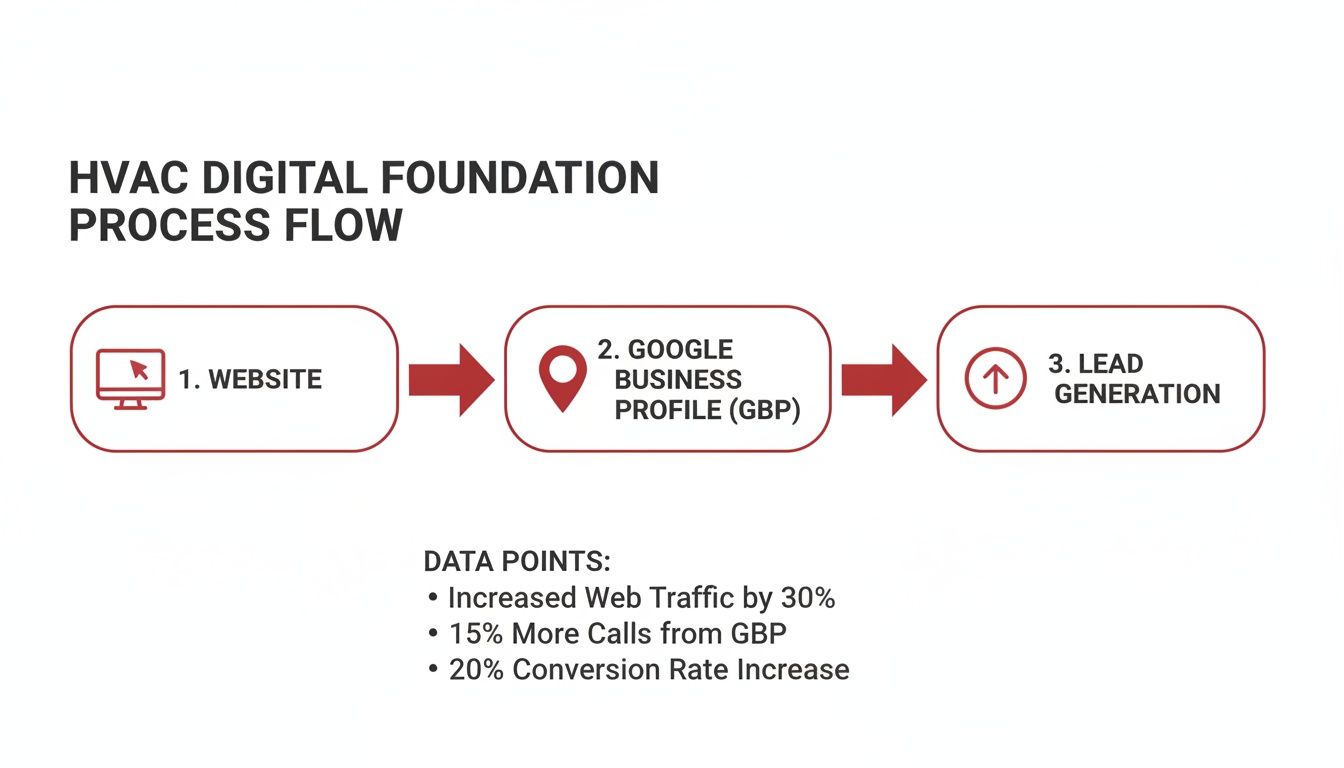 HVAC digital foundation process flow diagram showing steps for website, Google Business Profile, lead generation, and key data points.