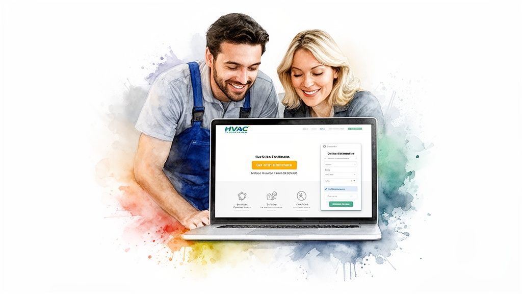 HVAC technician and client smiling while reviewing an online estimate on a laptop.