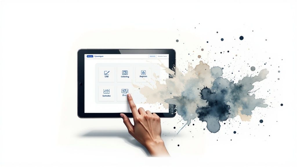 A hand taps a tablet screen displaying business software with various service applications.