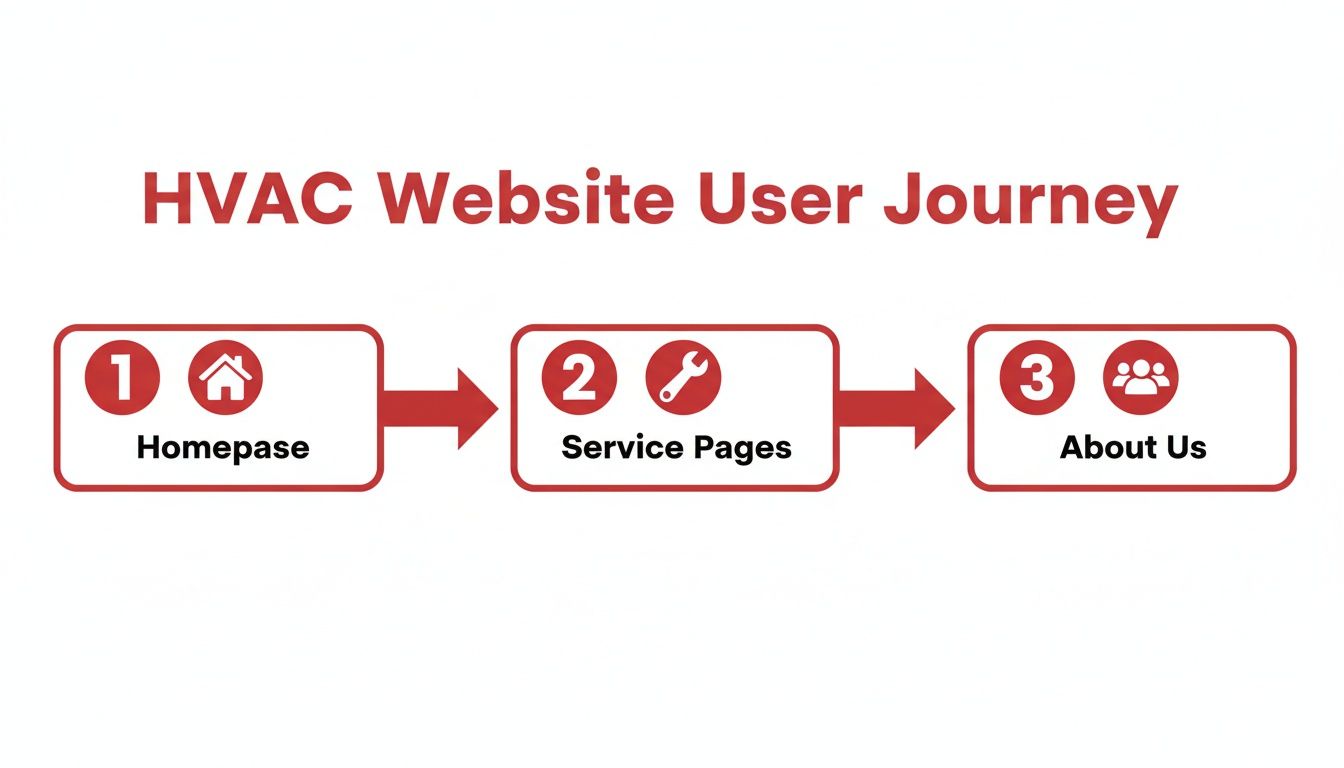 HVAC website user journey flowchart showing navigation from homepage to service pages and about us.