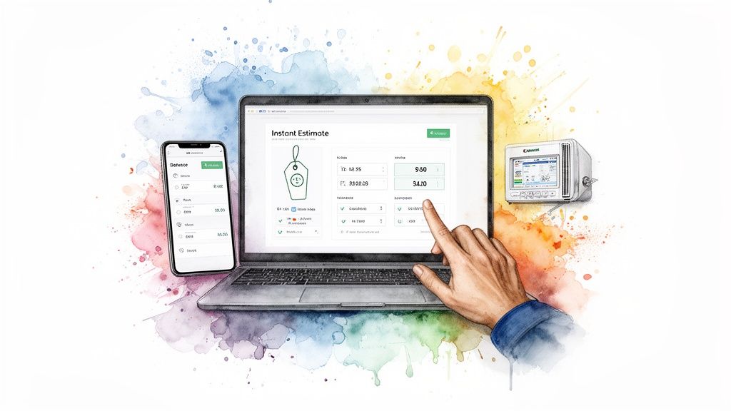 A digital illustration of a laptop, smartphone, and HVAC equipment displaying instant estimate interfaces.