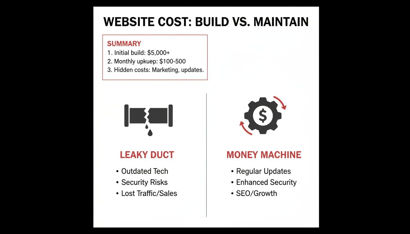 Infographic comparing website build versus maintenance costs, highlighting benefits of regular updates and risks of outdated tech.