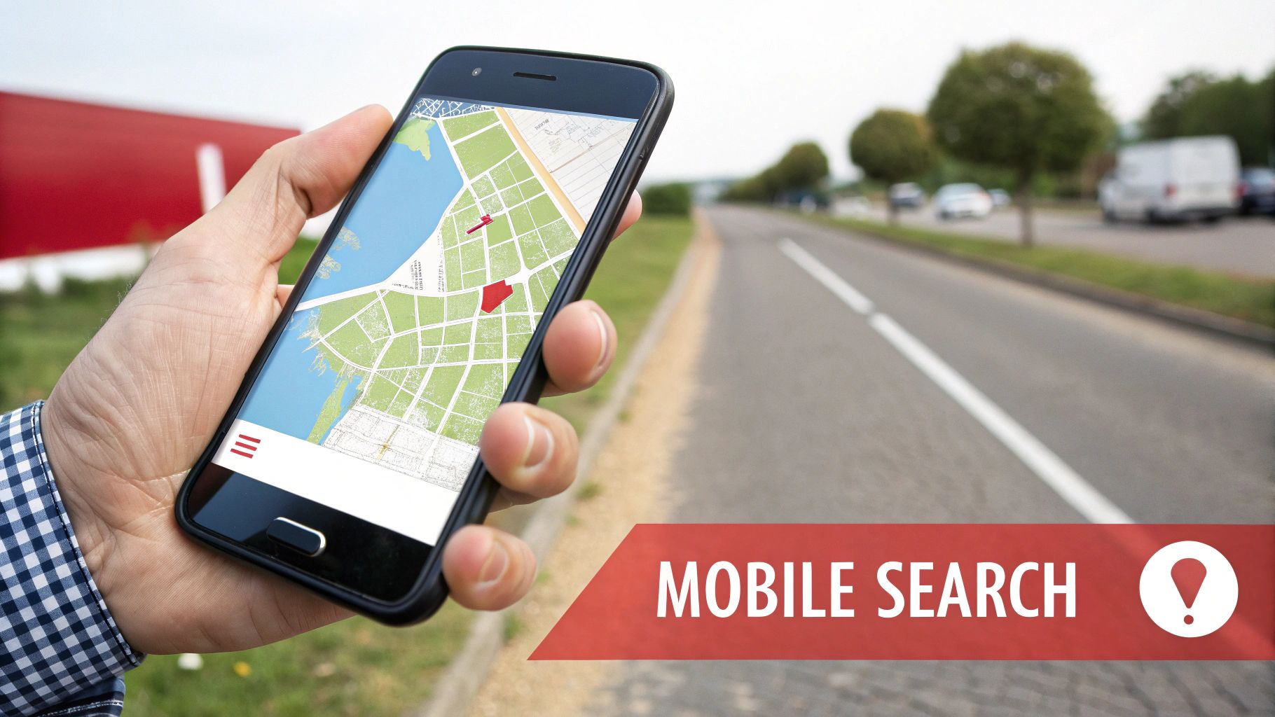 Person holding smartphone displaying GPS map navigation app for mobile local search on roadside