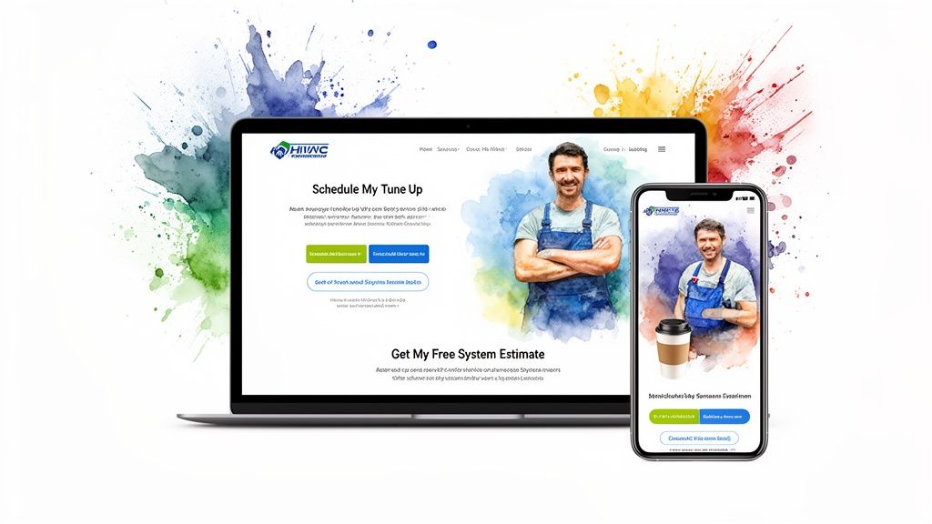 HVAC website displayed on a laptop and smartphone, featuring a technician and colorful watercolor background.