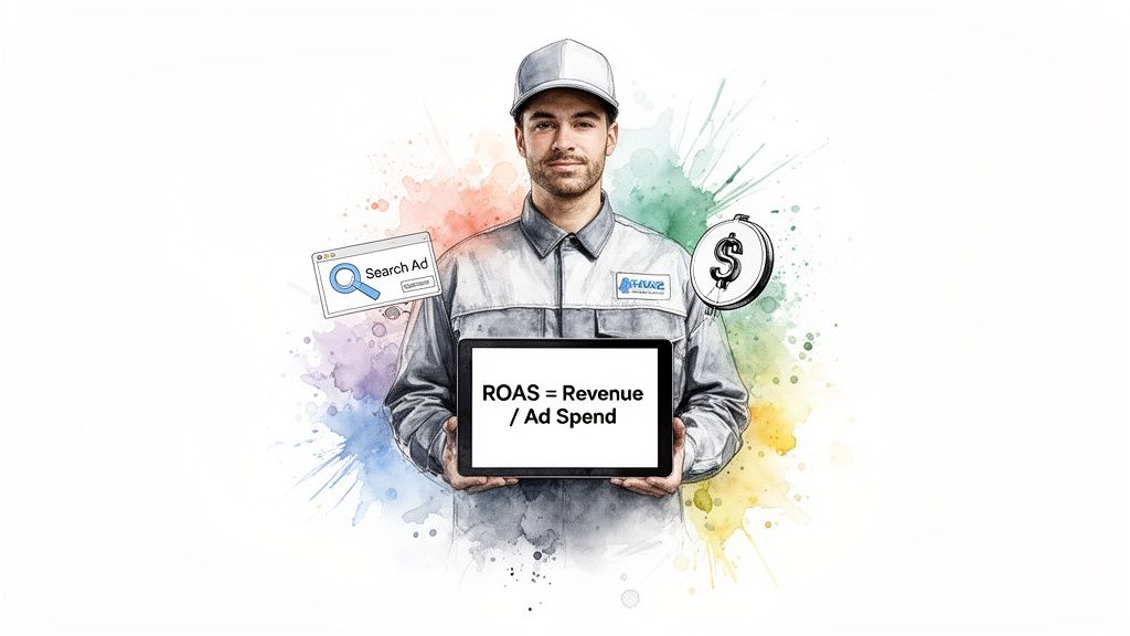 Man holds a tablet displaying the ROAS formula with search ad and dollar icon.