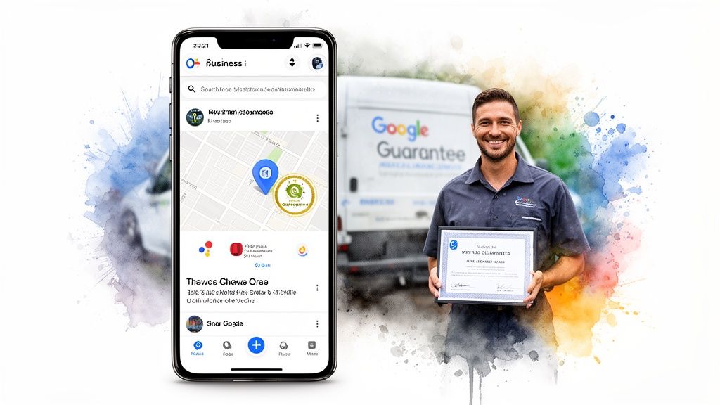 A smiling service professional holds a Google Guaranteed certificate with a Google Business app and van.