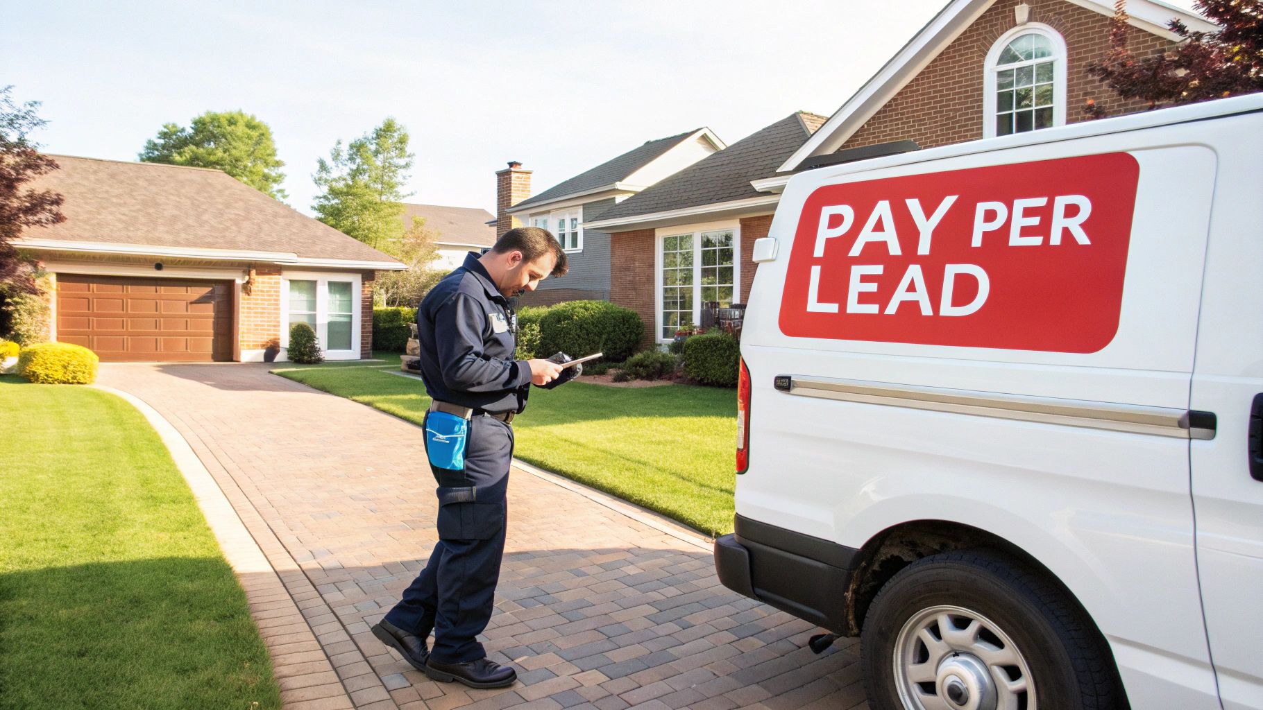 Man in uniform using a device by a van promoting 'Pay Per Lead' services in a suburban setting.
