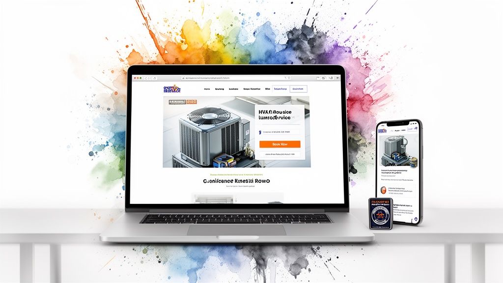 Laptop and smartphone displaying website and app content for HVAC contractor services, with an AC unit.