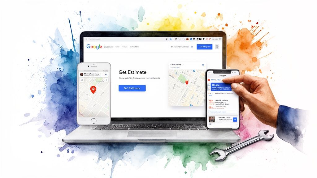 A laptop and smartphones display maps and 'Get Estimate' services with a wrench, symbolizing lead generation.