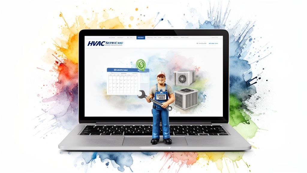 Laptop displaying an HVAC service website with a repairman figurine, calendar, and AC units on a vibrant watercolor background.