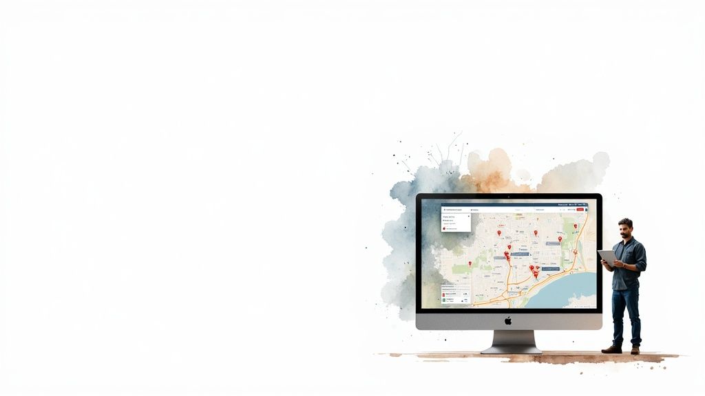 Man using a tablet next to a monitor showing a map with multiple service locations for business management.