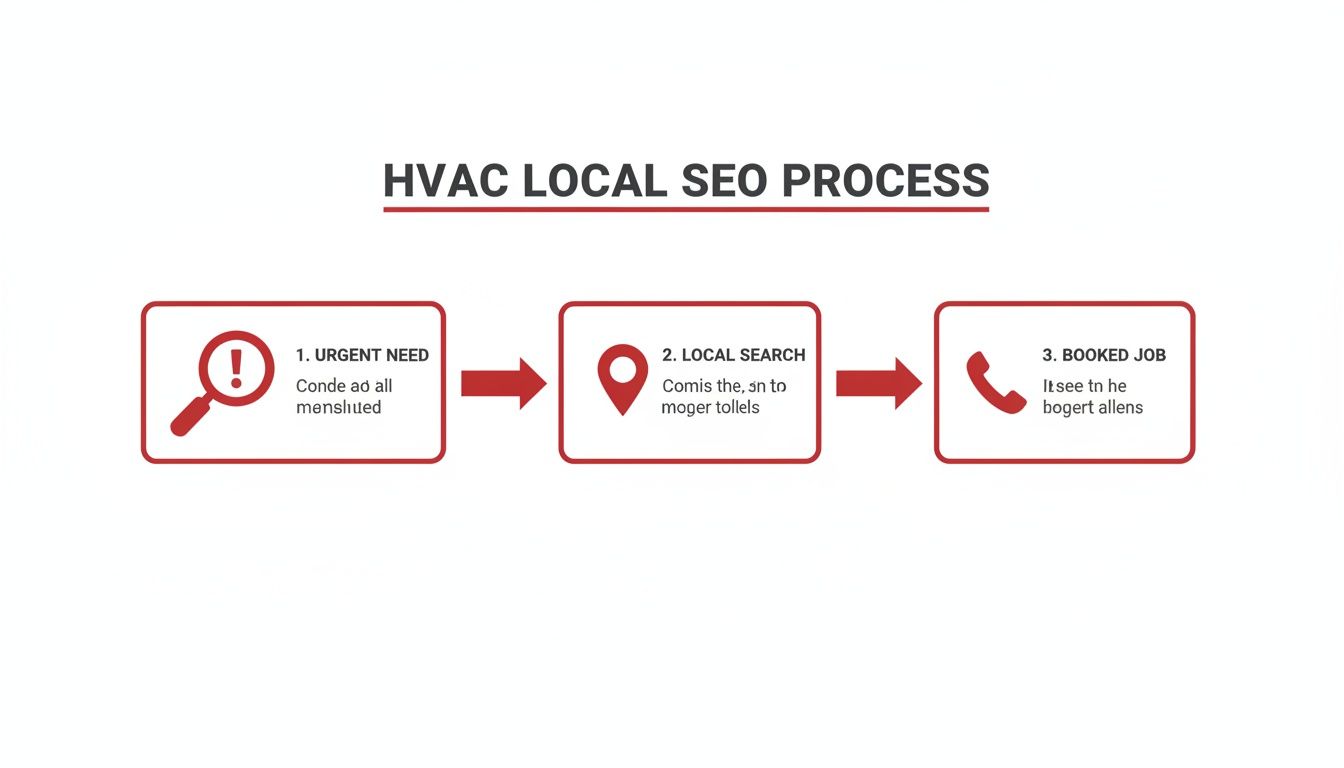 Flowchart illustrating the HVAC local SEO process from urgent need to a booked job.