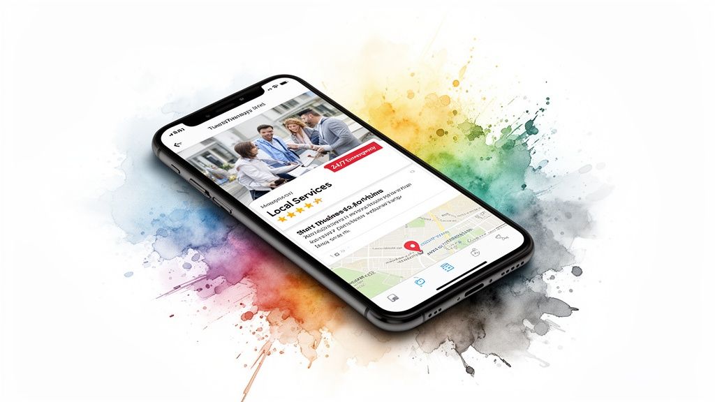 Smartphone displaying a local services app with a business meeting, 24/7 emergency, map, and high ratings.