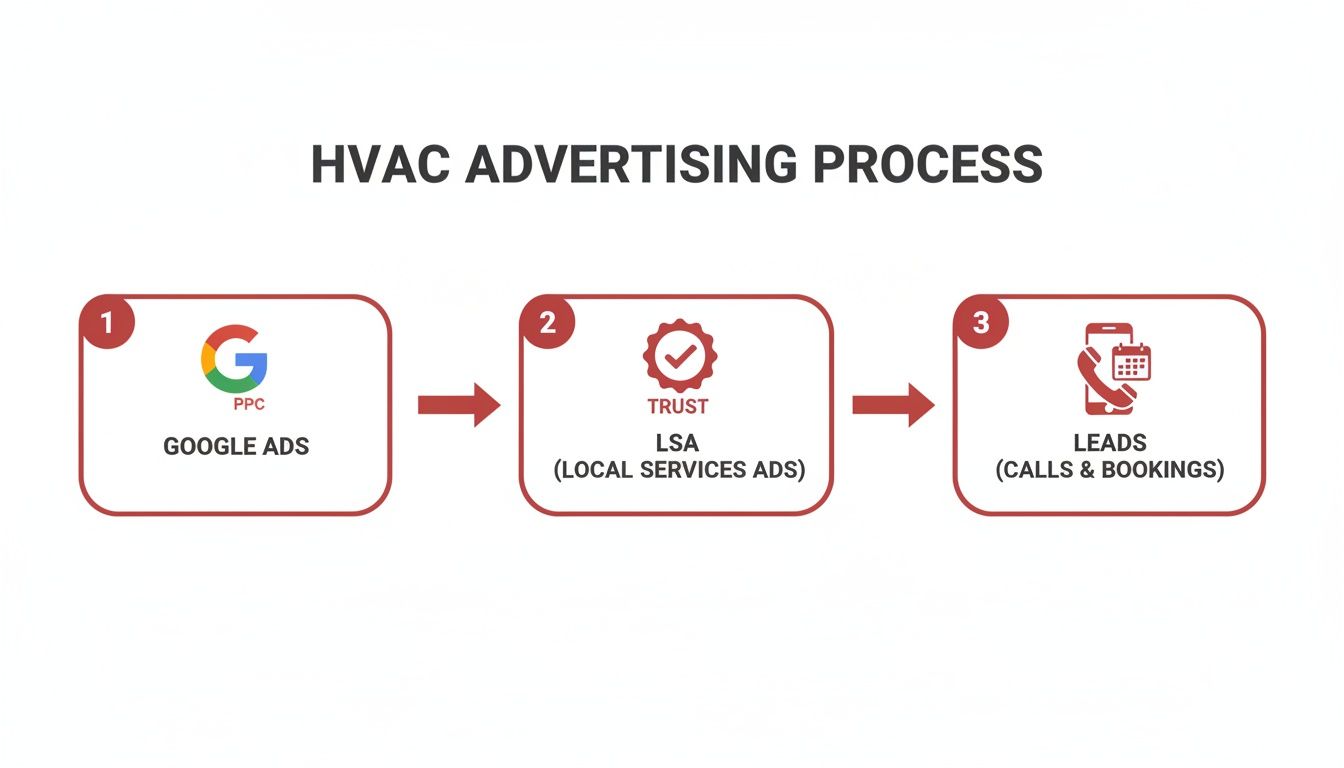 Diagram illustrating the HVAC advertising process, from Google Ads to Local Services Ads, generating calls and bookings.