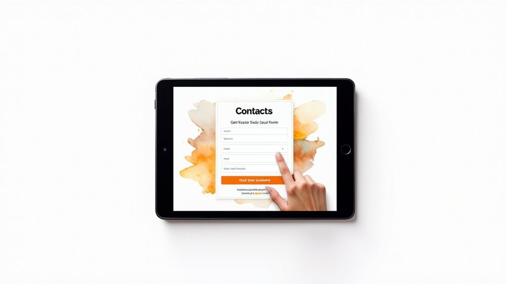 A tablet displays a 'Contacts' web form with a hand interacting with a dropdown menu.