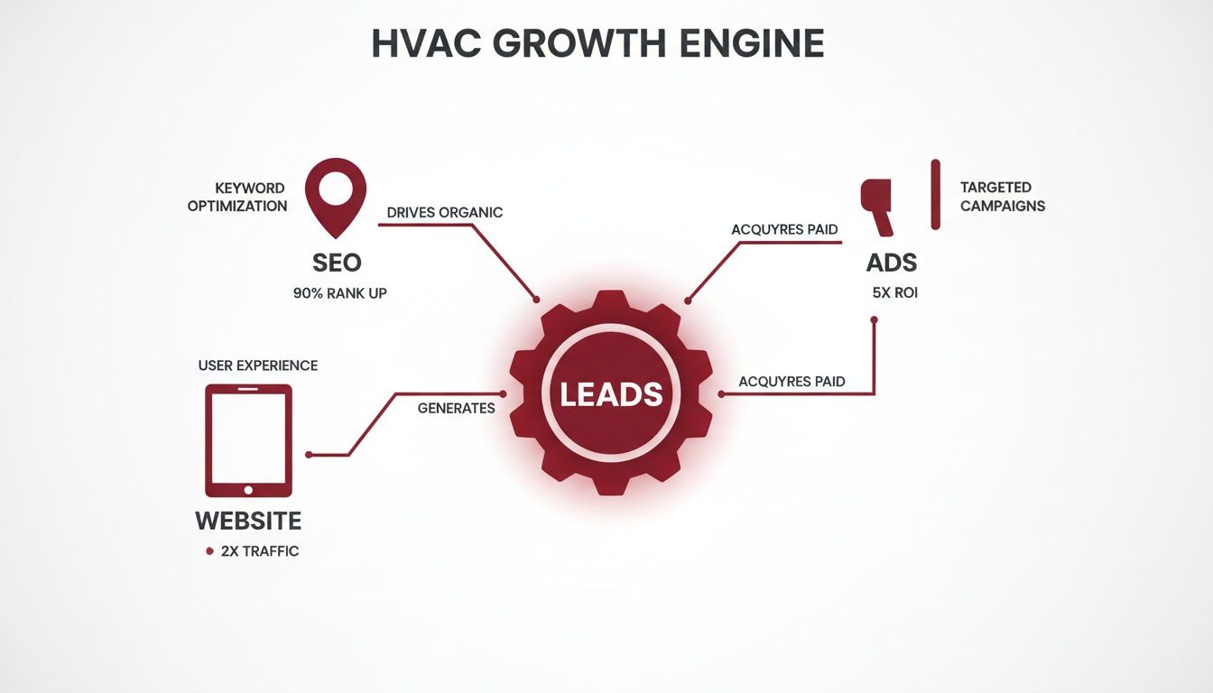 Diagram illustrating the HVAC growth engine, showing SEO, website, and ads generating leads.