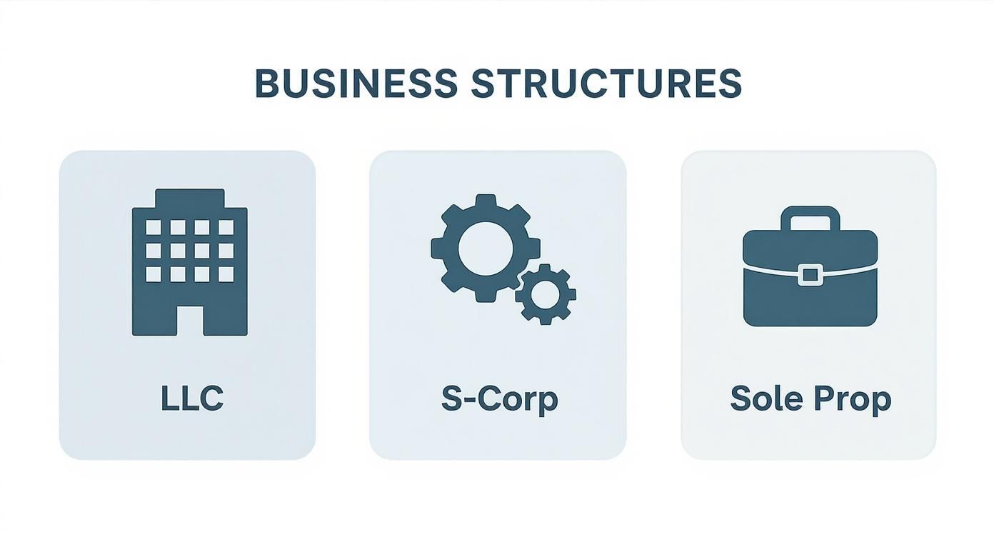 An infographic illustrating three common business structures: LLC, S-Corp, and Sole Prop, each with a distinct icon.