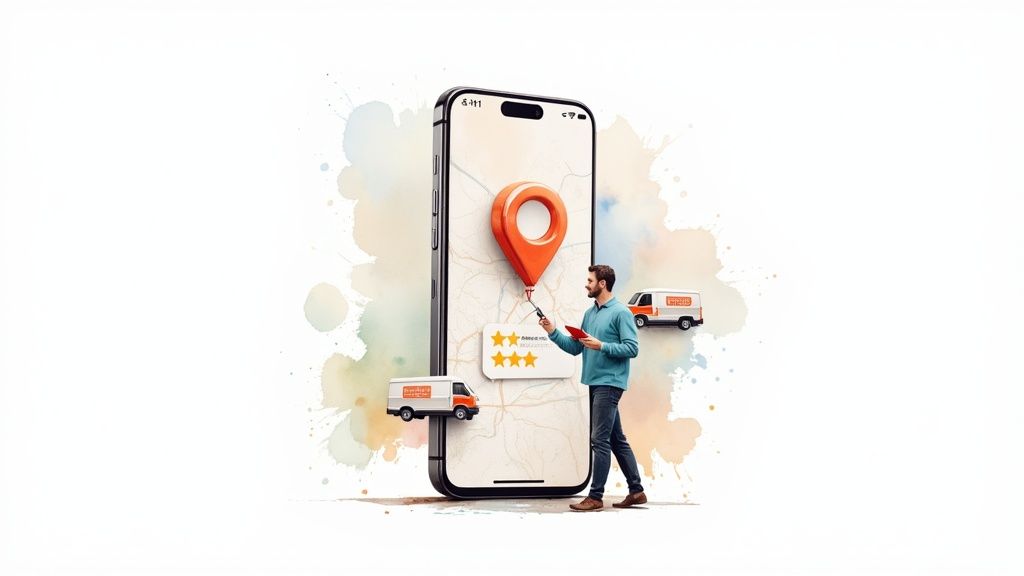 Man interacts with a smartphone showing a map, location pin, and customer reviews, with delivery vans nearby.