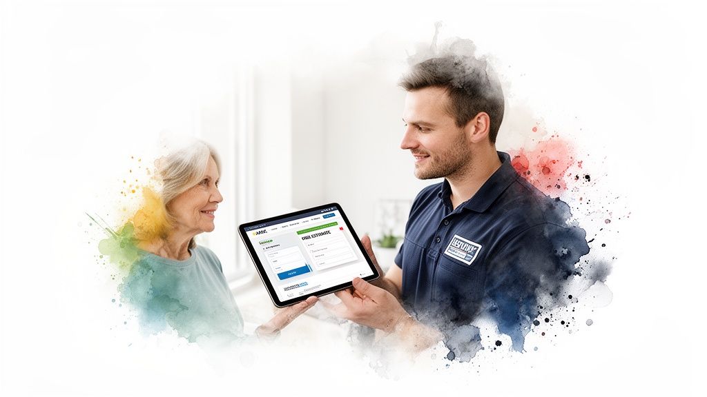 A smiling HVAC technician shows an elderly woman a digital estimate on a tablet.
