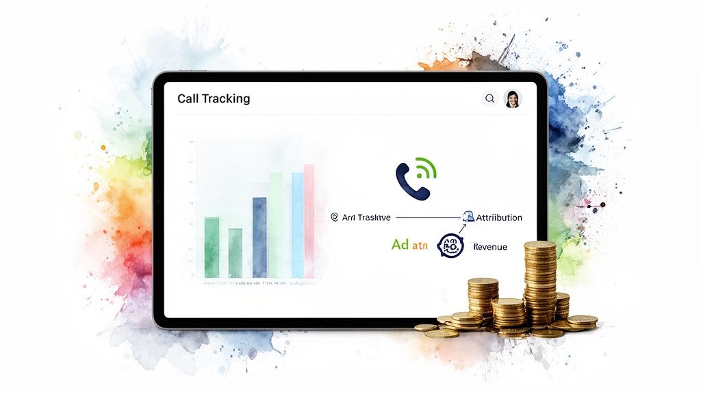 Tablet displaying call tracking data and a process flow leading to revenue, with gold coins.