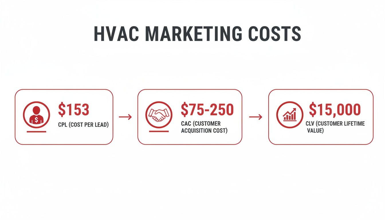 An infographic detailing HVAC marketing costs, including CPL ($153), CAC ($75-250), and CLV ($15,000).