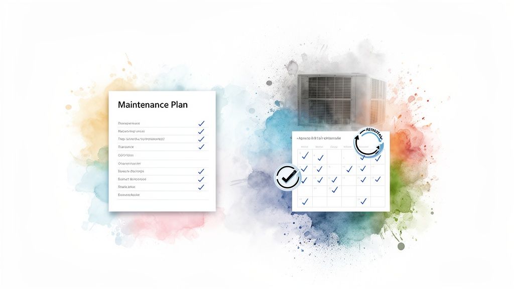 Illustration of an HVAC maintenance plan document and a calendar with a renewal cycle icon.