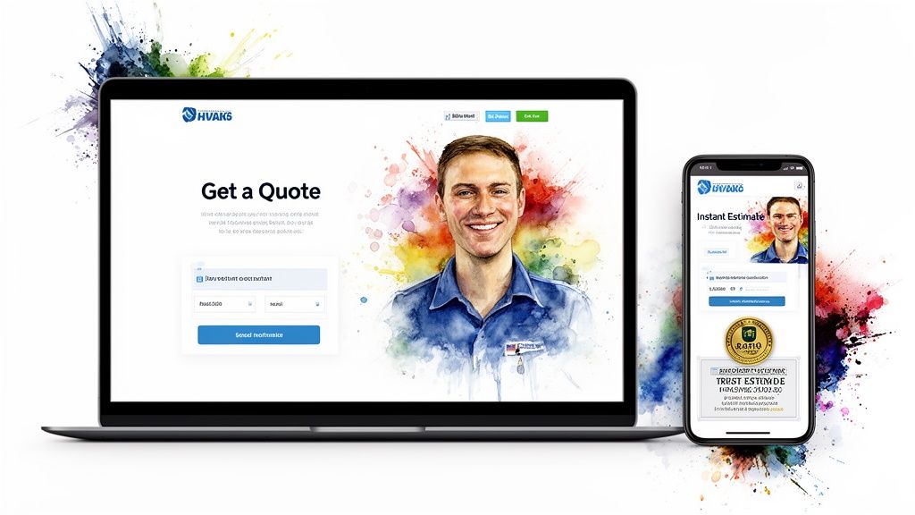 Laptop and smartphone displaying HVAKS website with 'Get a Quote' form and 'Instant Estimate' for HVAC services.