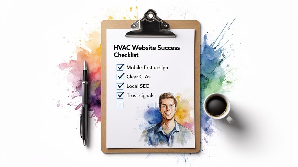 HVAC Website Success Checklist on a clipboard with checked items, a man illustration, and coffee.