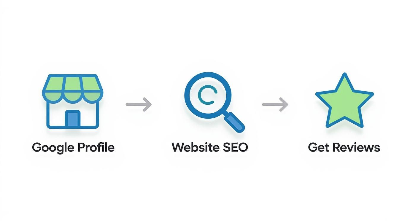 A diagram illustrating three steps: Google Profile, Website SEO, and Get Reviews, connected by arrows.
