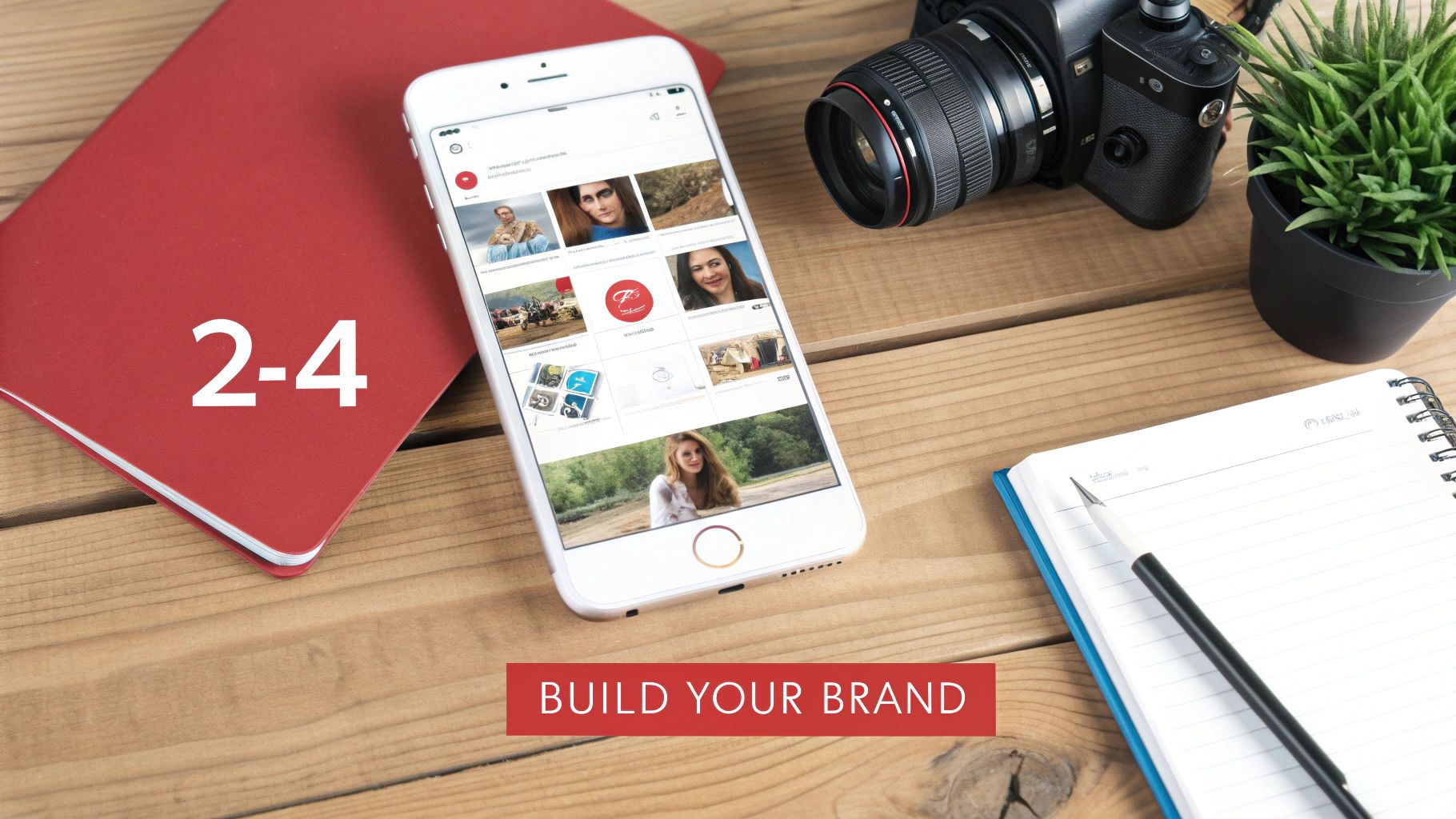 Overhead view of a creative desk setup with smartphone, camera, notebooks, and 'BUILD YOUR BRAND' text.