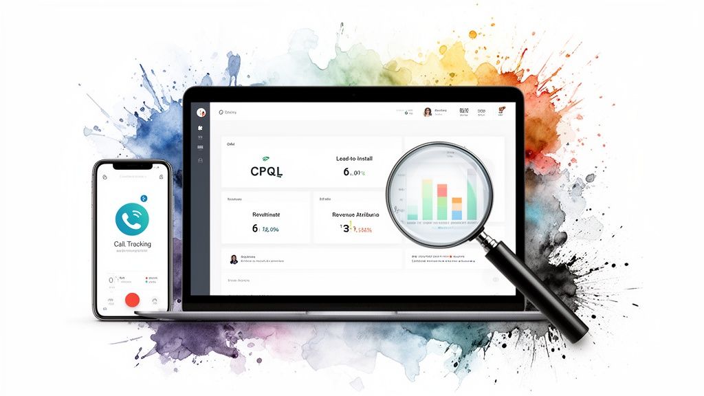 Digital marketing dashboard on a laptop displaying data metrics and a smartphone with a call tracking app, symbolizing data analysis.