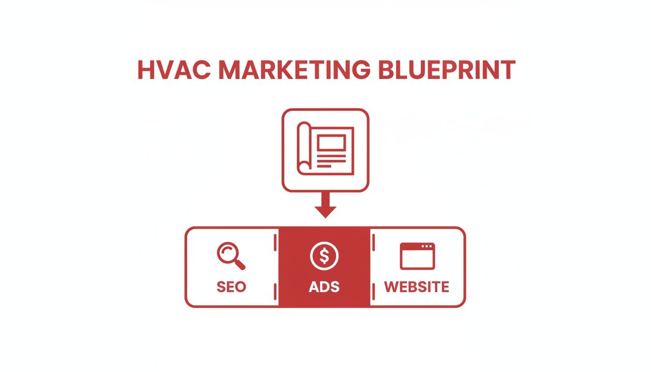 A red and white graphic showing an HVAC marketing blueprint with SEO, Ads, and Website components.