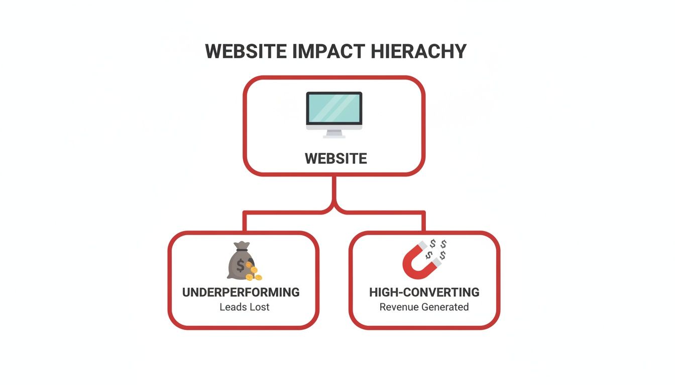 Diagram illustrating website impact hierarchy, showing how a website can be underperforming (leads lost) or high-converting (revenue generated).