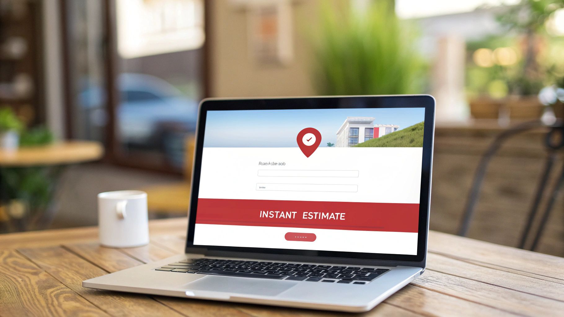A laptop on a wooden table displays an 'Instant Estimate' real estate website with a location pin.